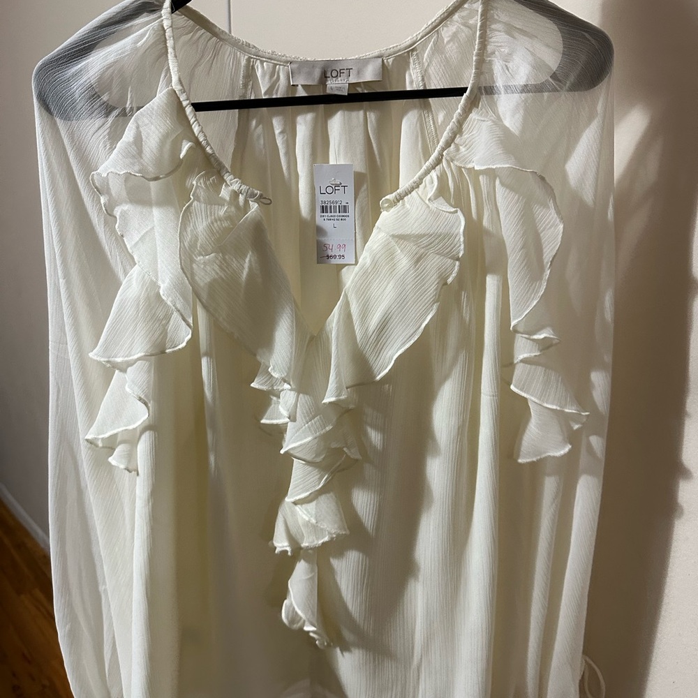 LOFT Women's Elegant White Ruffle Blouse